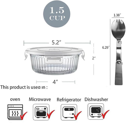 H.JSS WDJS 1.5 Cup Round Glass Food Storage Containers with Lids and Spoons, Kitchen 12Oz Meal Prep Containers, Small Round Glass Bowls for Soup, Leftovers, Lunch. Microwave, Dishwasher, Freezer Safe