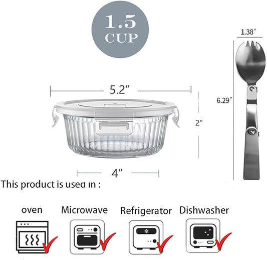 H.JSS WDJS 1.5 Cup Round Glass Food Storage Containers with Lids and Spoons, Kitchen 12Oz Meal Prep Containers, Small Round Glass Bowls for Soup, Leftovers, Lunch. Microwave, Dishwasher, Freezer Safe