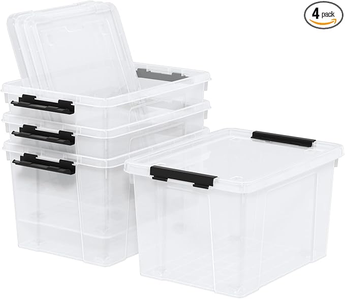 Minekkyes 22 Quart Stackable Plastic Storage Bins with Lids and Latching Buckles, 4 Pack Tubs Boxes Organizing, Clear