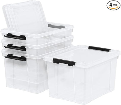Minekkyes 22 Quart Stackable Plastic Storage Bins with Lids and Latching Buckles, 4 Pack Tubs Boxes Organizing, Clear