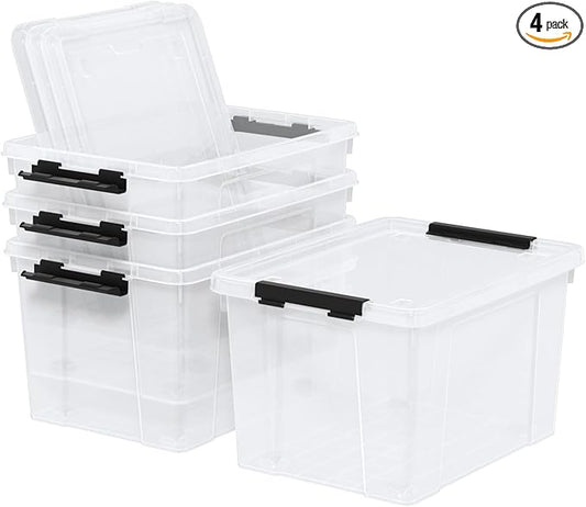Minekkyes 22 Quart Stackable Plastic Storage Bins with Lids and Latching Buckles, 4 Pack Tubs Boxes Organizing, Clear