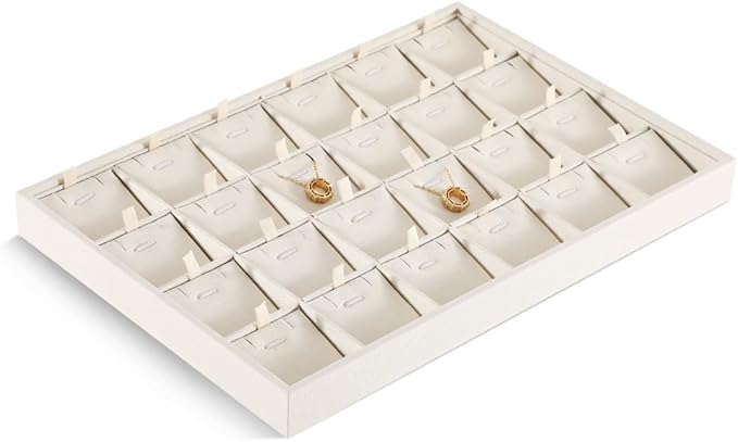 Dansmiy Linen Stackable Necklace Storage Tray, 24 Grid Pendant Display Tray, Jewellery Shop Counter Showcase Table Top Organizers, Makeup Table Drawer Insert Jewelry Tray