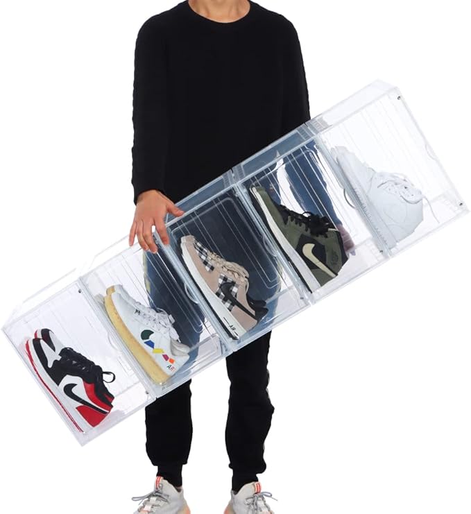 OMOPIN 8 PACK XL Shoe Storage Box,Drop Side Sneaker Display Case,Shoe Boxes Clear Plastic Stackable 13.4”x 10.6”x 8.3” Fit up to US 13 (Clear 8Pack)