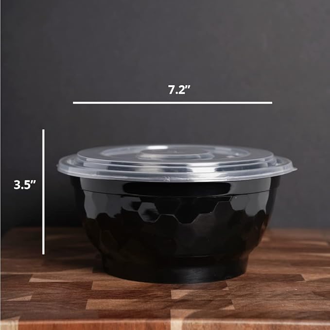TIYA Food Bowls - Black Plastic To-Go Containers - Reusable, Microwavable, Dishwasher Safe - Leak-Resistant for Soups & Meal Prep (42 oz Bulk 120 Pack with Clear Lids) - BPA-Free