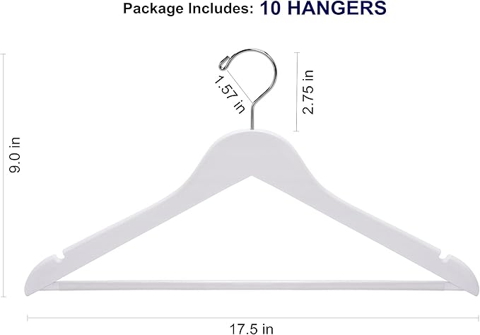 Amber Home White Wooden Hangers - 10 Pack, Non Slip Pant Bar Coat Hangers for Shirts, Jackets, Dresses