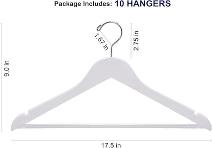 Amber Home White Wooden Hangers - 10 Pack, Non Slip Pant Bar Coat Hangers for Shirts, Jackets, Dresses