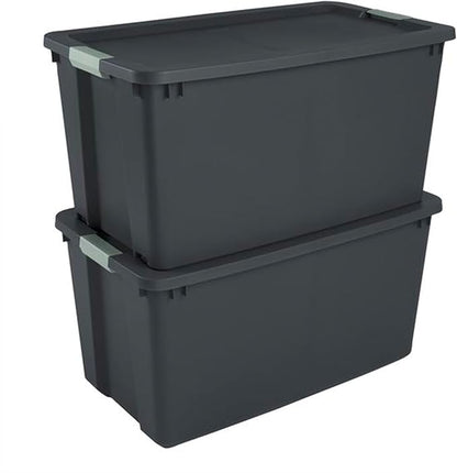 Sterilite 8 Pack 45 Gallon Wheeled Latch Tote, Stackable Plastic Storage Bin, Gray/Green