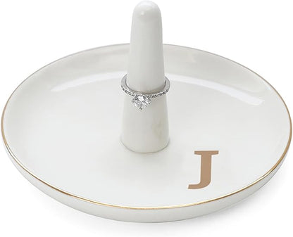 HOME SMILE Initials Ring Holder Jewery Tray with personalized J-Monogrammed Engagement Gifts for Friends,Birthday Mother's Day Christmas Gifts for Women,Ceramic White