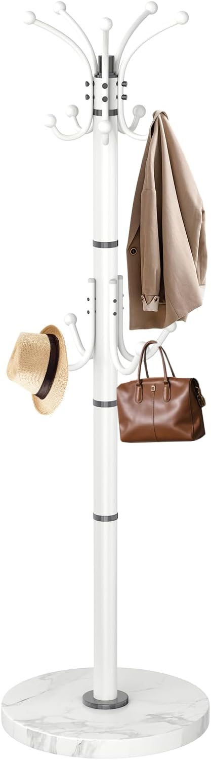 Modern Coat Rack Stand, 360° Rotary Metal Freestanding Coat Rack with Natural Marble Base, White Coat Racks and Coat Hanger Tree Jacket Stand with 14 Hooks for Office, Entryway, Hallway