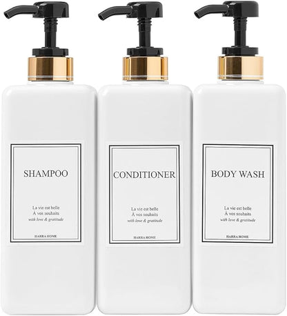 Shampoo and Conditioner Dispenser - Modern Gold Design Large 27oz Shower Soap Dispenser Set of 3, Refillable Empty Plastic Pump Bottles for Bathroom, 6 Waterproof Labels Included, Black