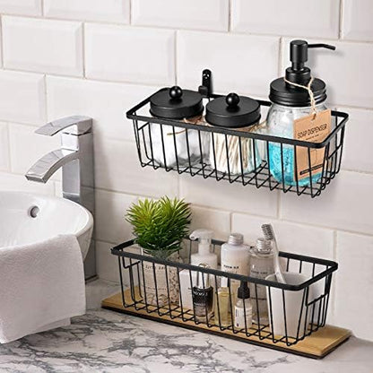SheeChung Farmhouse Decor Metal Wire Bathroom Storage Organizer Basket Bins - for Cabinets, Shelves, Closets, Vanity Countertops, Under Sinks, Pantry, Laundry Room, Garage - Small, 2 Pack (Black)