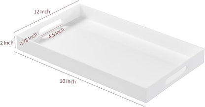 Glossy White Acrylic Serving Tray with Handles-Lucite Tray for Ottoman,Coffee Table, Breakfast, Tea, Food, Butler - Decorative Tray (12x20 Inch, White)