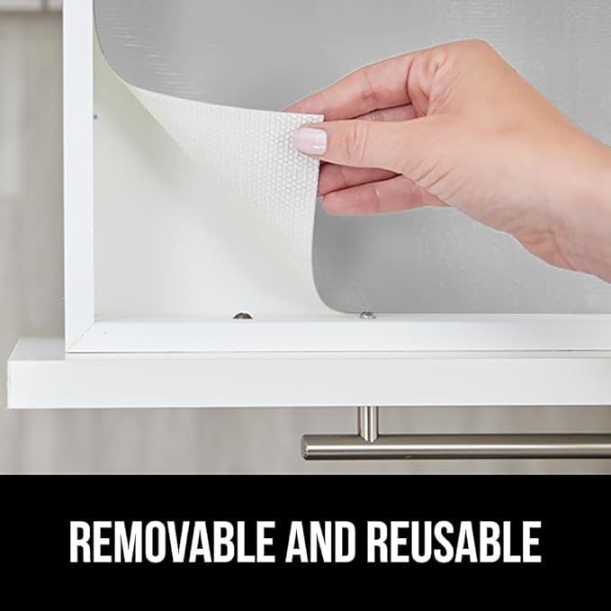GORILLA GRIP DripGuard Shelf Liner, Non Adhesive Drawer and Kitchen Cabinet Protector, Slip Resistant BPA Free Smooth Surface Plastic Liners for Cabinets, Bathrooms, Closets, 17.5x120 Inch, Light Gray