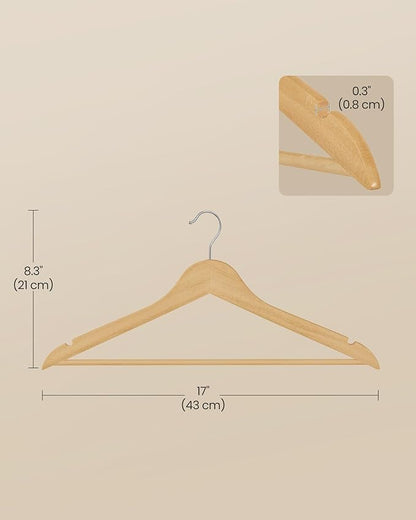 SONGMICS Wooden Hangers, Pack of 20, Coat Hangers, Pants Bar, 360° Swivel Hooks, Solid Birch Wood, 0.3-Inch Thick, Space Saving, for Jackets, Shirts, Coats, Natural Beige UCRW040K01
