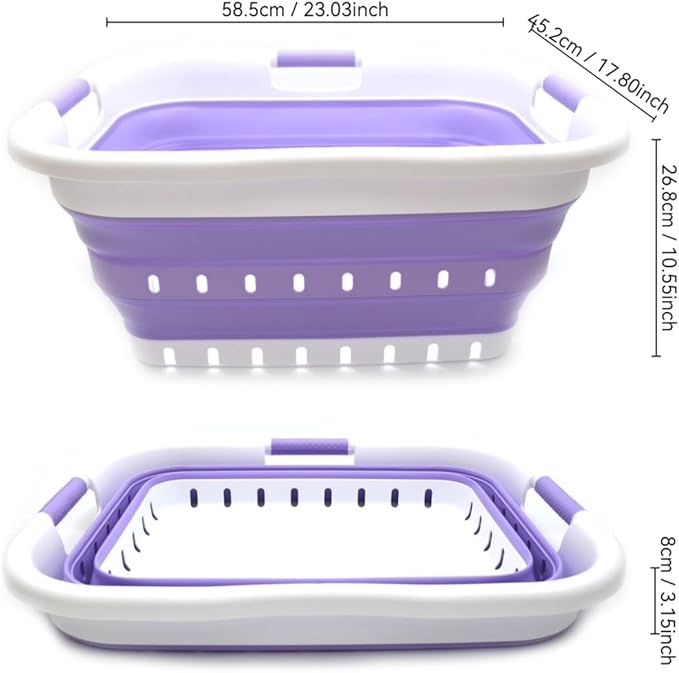 SAMMART 41L (10.8 gallon) Set of 2 Collapsible 3 Handled Plastic Laundry Basket-Foldable Pop Up Storage Container/Organizer-Space Saving Hamper/Basket (2, White/Lt. Purple)