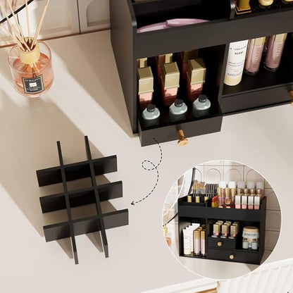 LONTAI Bamboo Makeup Organizer with Drawers, Cosmetic Storage for Lipstick Organizer Beauty Holder Skincare Organizer for Dresser Vanity Bathroom Countertop, No Assembly Required (Black)