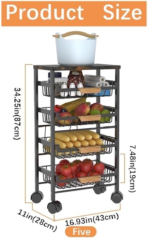 CarolynDesign 5 Tier Metal Wire Basket Cart on Wheels for Kitchen, Stackable Shelf Floor Standing Fruit Vegetable Storage Bins with Pull Out Drawers for Living Room Bedroom and Bathroom