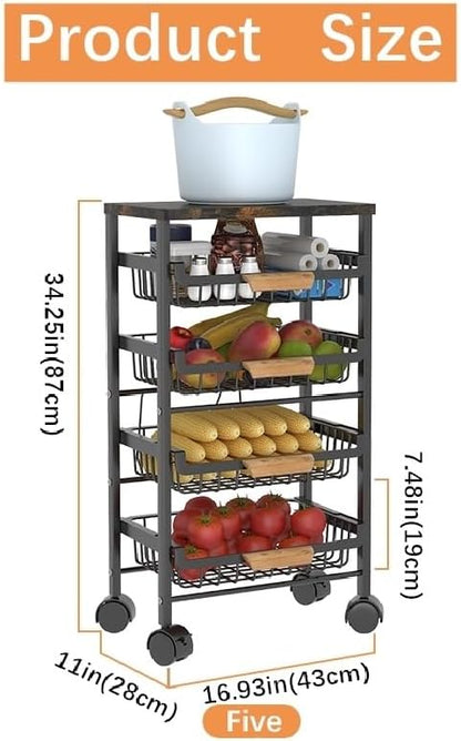 CarolynDesign 5 Tier Metal Wire Basket Cart on Wheels for Kitchen, Stackable Shelf Floor Standing Fruit Vegetable Storage Bins with Pull Out Drawers for Living Room Bedroom and Bathroom