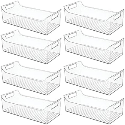 mDesign Slim Plastic Kitchen Pantry Cabinet, Fridge or Freezer Storage Bin with Handles - Organizer Containers for Fruit, Yogurt, Snacks, Pasta - 16" Long - Ligne Collection - 8 Pack - Clear