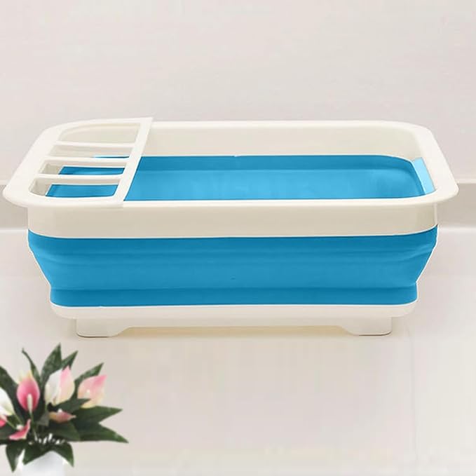 Collapsible Dish Rack Foldable Dish Drying Rack Portable Dish Drainer Dinnerware Organizer Rack Folding Tableware Storage Rack Cutlery Rack for Kitchen Counter RV Camper Accessories (White Blue)