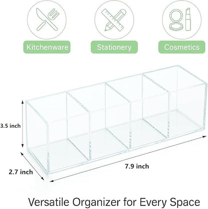 elysolpluv Clear Acrylic 4-Compartment Organizer Box, Small (7.9" × 2.7" × 3.5") – Handcrafted, Eco-Friendly, Minimal Packaging Compact Storage Organizer