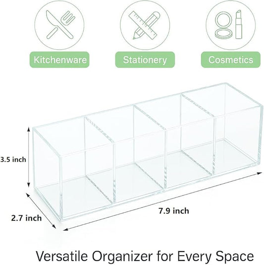 elysolpluv Clear Acrylic 4-Compartment Organizer Box, Small (7.9" × 2.7" × 3.5") – Handcrafted, Eco-Friendly, Minimal Packaging Compact Storage Organizer