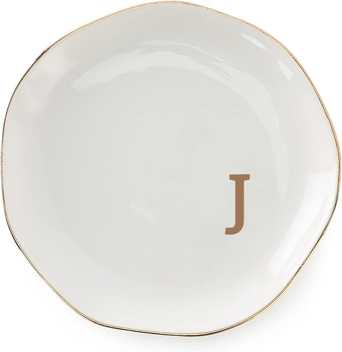 VINCOMIC Initials Ring Dish Jewery Tray with personalized J-Monogrammed Gifts Wedding Engagement for Women Friends sister,Ceramic White