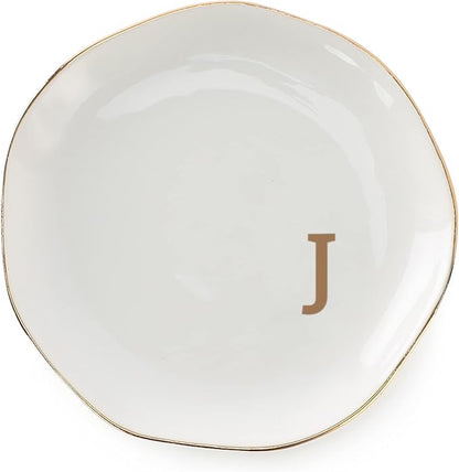VINCOMIC Initials Ring Dish Jewery Tray with personalized J-Monogrammed Gifts Wedding Engagement for Women Friends sister,Ceramic White