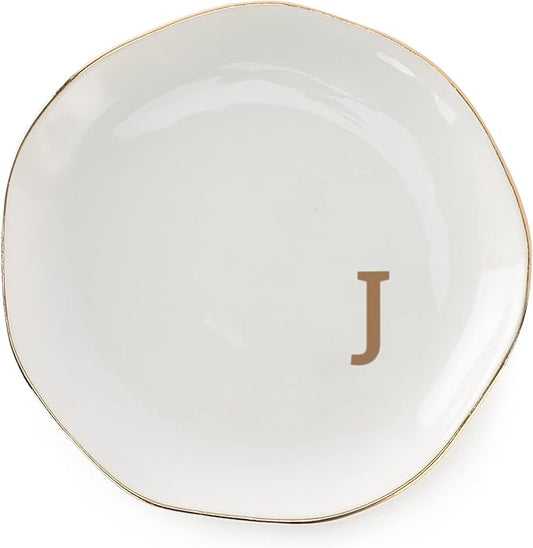 VINCOMIC Initials Ring Dish Jewery Tray with personalized J-Monogrammed Gifts Wedding Engagement for Women Friends sister,Ceramic White