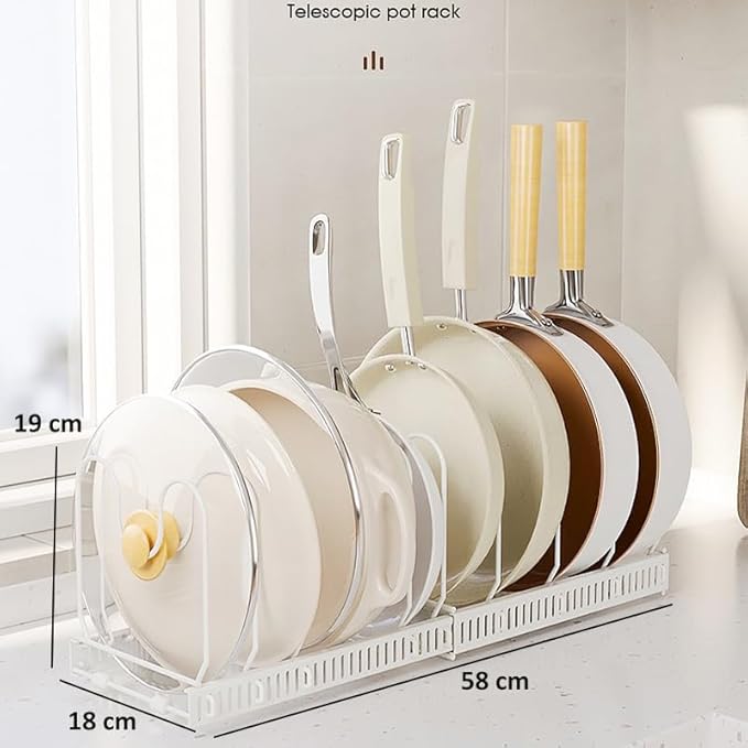 WUETOAYA Expandable Pots and Pans Organizer Rack, Pot Lid Kitchen Cabinet Organizer Holder with 10 Adjustable Compartment, Cookware Rack for Kitchen Cabinet Storage, White