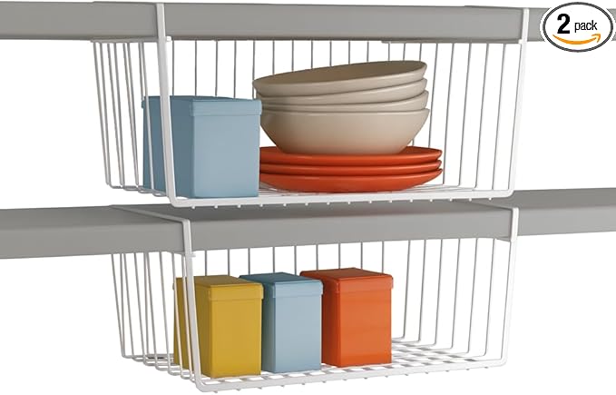 Modern Home Under Shelf Wire Storage Baskets – Hanging Organizer Rack for Cabinet, Pantry, or Closet – White Metal Basket for Kitchen, Towels, or Office – No Tools Required (Set of 2 15")