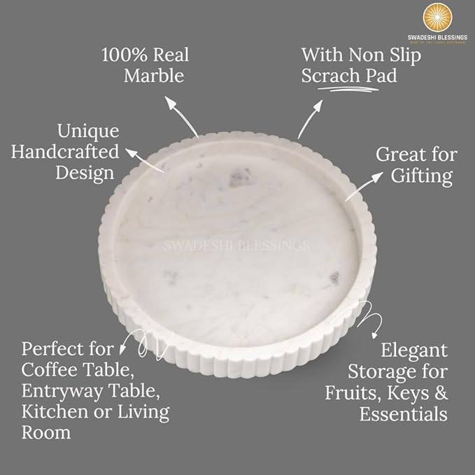 Swadeshi Blessings Handcrafted Marble Decorative Tray for Coffee Table Decor, Round Trays Home Decor, Ottoman Tray for Living Room, Coffee Table Tray, Dining Table Centerpiece Decor, Farmhouse Decor