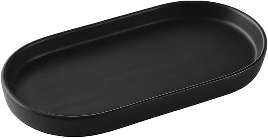 Eyrozia Matte Black Round Soap Dispenser Tray - 8'' Ceramic Vanity Tray for Bathroom Decorative, Jewelry Ring Dish, Comestic Holder, Kitchen Sink Countertop Organizer Plate