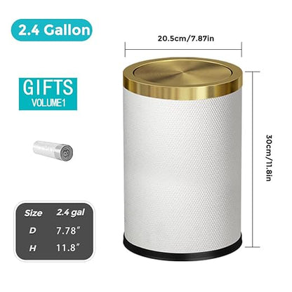 2.4 Gallon Bathroom Trash Can with Lid, Pu Leather Modern Garbage Can, Round Decorative Waste Basket, for Near Desk, Powder, Bedroom, Hotel, Office, Home (9L-Checked White)