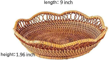 Hand-Woven Storage Basket Rattan Storage Tray Wicker Baskets Bread Fruit Food Breakfast Display Container Box Handicrafts Home Decoration (S (9 * 1.96 Inch))