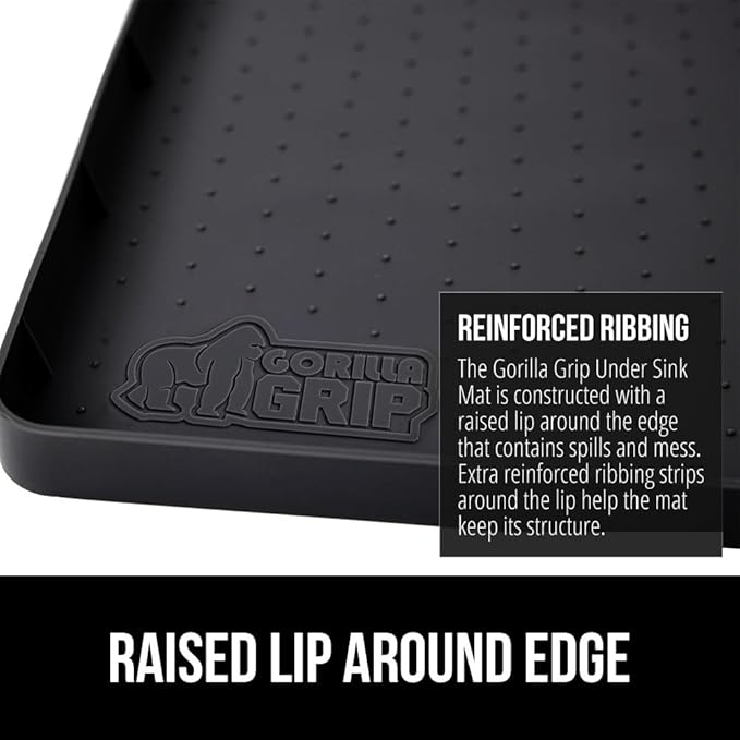 GORILLA GRIP Waterproof Silicone Under Sink Mat with Raised Lip for Kitchen and Bathroom, 46 x 22 in, Cabinet Shelf Liner Stay in Place Mats Dishwasher Safe Drawer Liner, Organizer Tray, Black