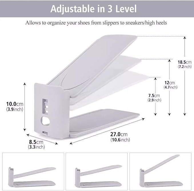 Pack of 12 Slot Organizer Storage - Adjustable 3-Level Height Shoe Organiser With Non-Slip Space Saver Holder for All Styles - Stacker Rack Suitable for Women and Men (White)
