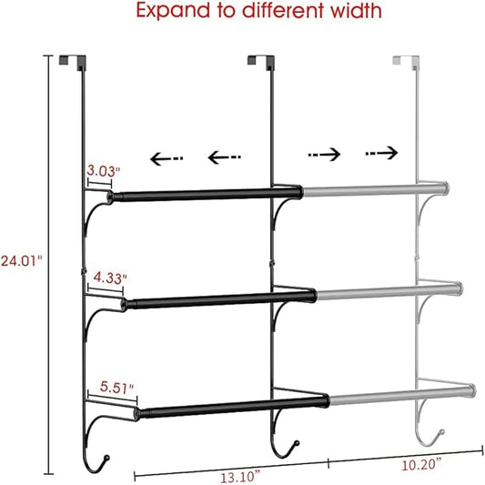 Auledio Adjustable Over The Door Triple Towel Rack with Hooks,Black