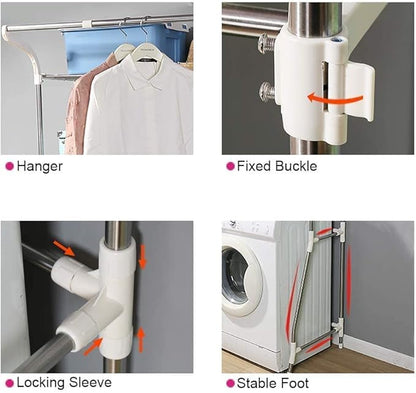 BAOYOUNI 2-Layer Over Washing Machine Storage Rack Utility Metal Bathroom Shelf 6-Hook Space Saver Width Adjustable Organization for Laundry Room Toilet (62-101cm, Ivory)