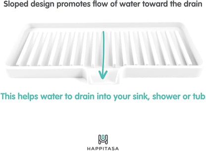 Happitasa Silicone Soap Dish Tray and Sponge Holder with Drain Chute | Bathroom and Kitchen Sink Organizer Caddy (Black, 9"x3.5", 5.6 Ounces)