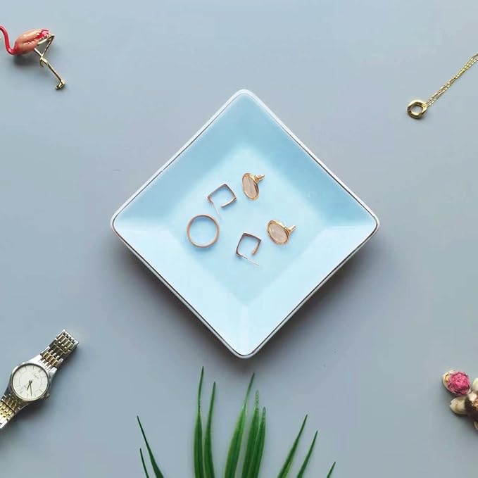 HANKOR Ceramic Jewelry Dish Tray, Decorative Trinket Tray Holder for Ring Earring Key, Gift for Women Girls, 4.7inch (Light Blue)