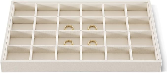 Dansmiy Linen 24 Grid Stackable Rings Earrings Display Tray, Brooch Ear Stud Cufflinks StorageTray, Jeweler Shop Counter Showcase Table Top Organizers, Makeup Table Drawer Insert Jewelry Tray