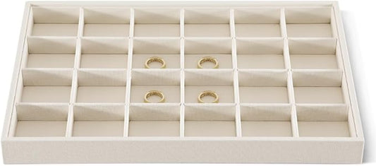 Dansmiy Linen 24 Grid Stackable Rings Earrings Display Tray, Brooch Ear Stud Cufflinks StorageTray, Jeweler Shop Counter Showcase Table Top Organizers, Makeup Table Drawer Insert Jewelry Tray