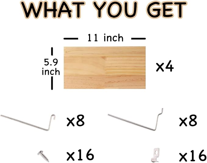 SEVENY Shelves for PegBoard, Pine Wooden Pegboard Shelf Wall Organizer, Wooden Board for Walls Home, Garage Tool Storage, Office Organization, Kitchen, Craft Room,4 Pack