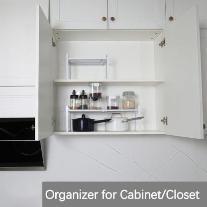 Expandable Cabinet Shelf Organizer Riser for Kitchen Pantry Cupboard Under Sink Countertop (white, 8.2’’D * 12.2-21.6’’W * 7.7’’H)