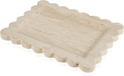 Luxury Beige Travertine Tray with Scalloped Edge, 11"x8" Rectangle Vanity Tray for Bathroom & Kitchen Counter, Decorative Organizer Tray for Dresser, Coffee Table, Home Décor