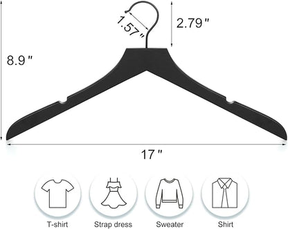 TOPIA HANGER Black Wooden Hangers, Rubber Wood Clothes Hangers with Rotatable Black Hook and Smooth Cut Nothces, Set of 12 for Coats, Suits, Jackets, Sweaters, Dresses - CTS01B