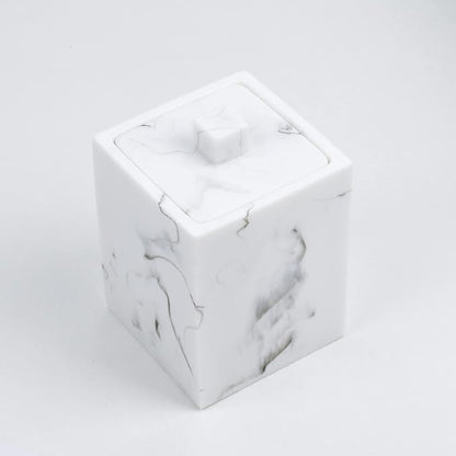 Jung Ford Qtip Holder for Bathroom with Lid – Square Cotton Swab Organizer, Cotton Ball Dispenser, Makeup Pad Container – Marble Look Resin Vanity Storage (White)