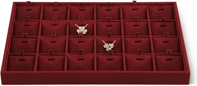 Dansmiy Linen Stackable Necklace Storage Tray, 24 Grid Pendant Display Tray, Jewellery Shop Counter Showcase Table Top Organizers, Makeup Table Drawer Insert Jewelry Tray