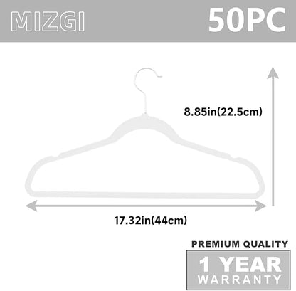 MIZGI Premium Velvet Hangers (50 Pack) Heavy Duty - Non Slip Felt Hangers - Velvet Suit Hanger White - White Coated Hooks,Space Saving Clothes Hanger